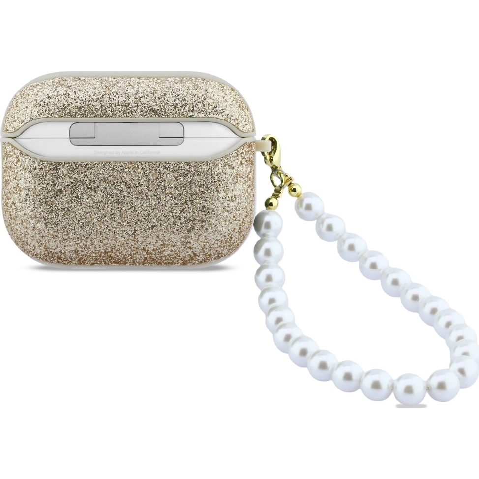 Oryginalne ekskluzywne etui od marki Guess z kolekcji Glitter Pearl Strap z perłową zawieszką dla Apple AirPods Pro 3, złote
